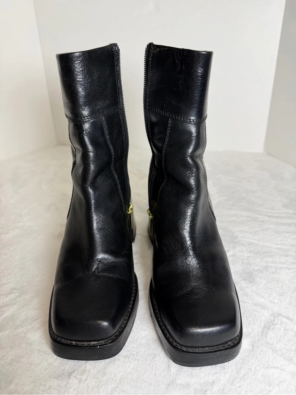 Steven Madden Black Leather Square-Toe Block Heel Ankle Boots Size 8